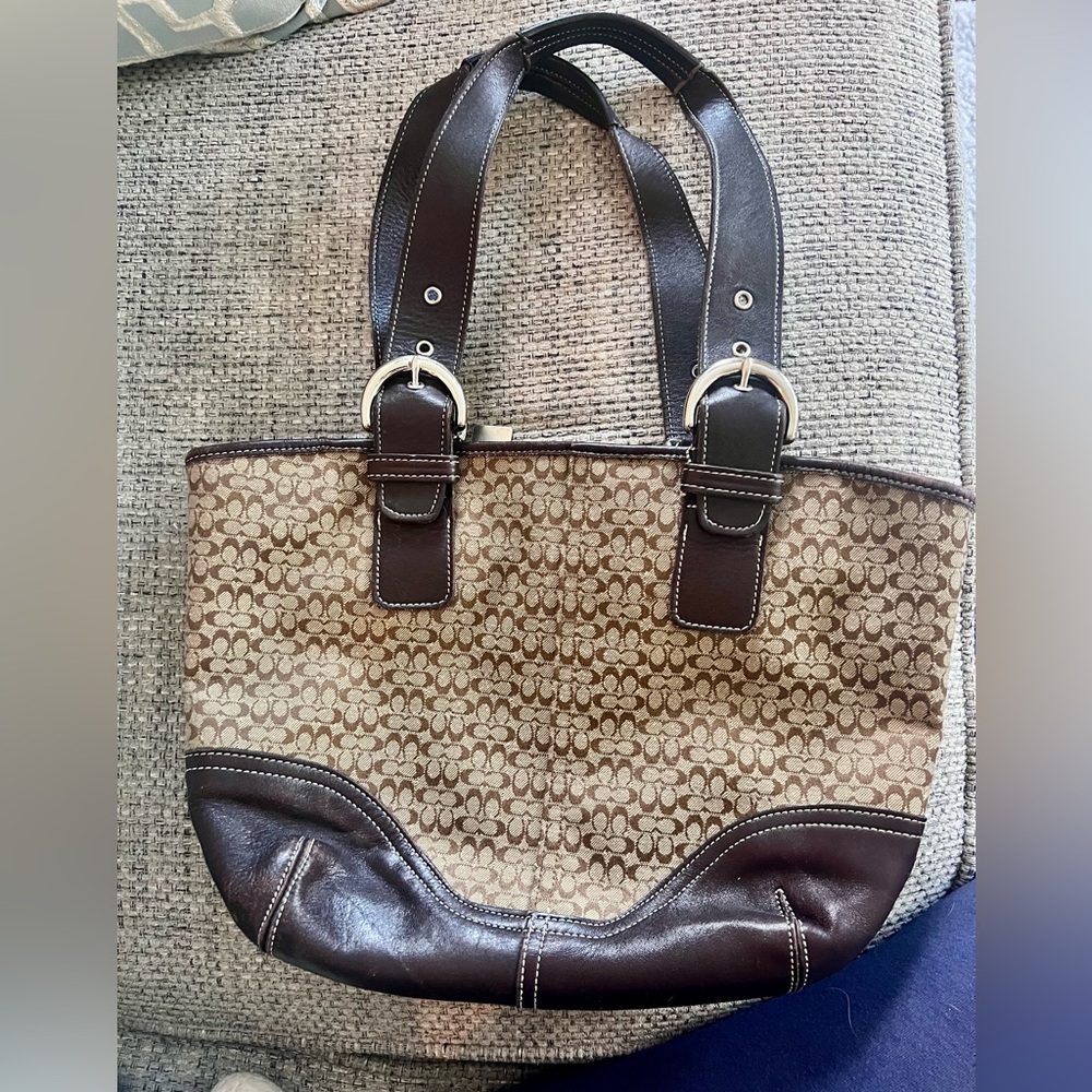 Coach purse handbag brown leather and fabric with logo